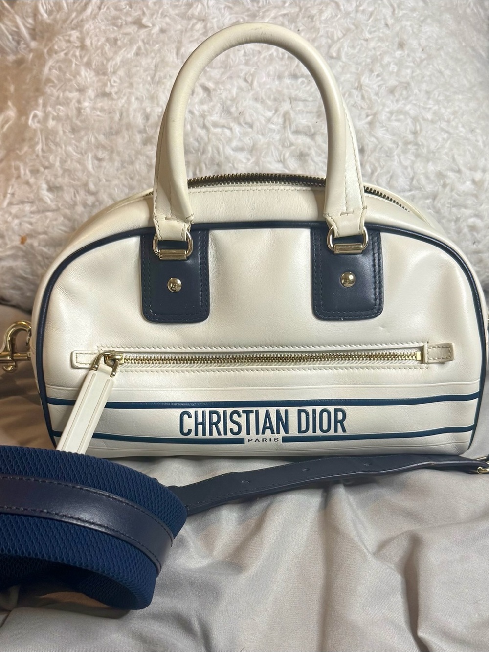 Christian Dior Small Dior Vibe Zip Bowling Bag White Navy with COA